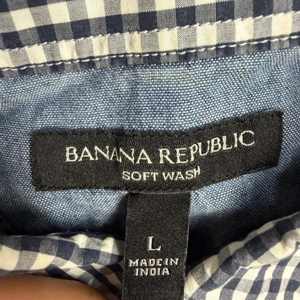 Banana Republic Soft Wash Mens Large Gingham Short Sleeve Button Down Shirt Navy